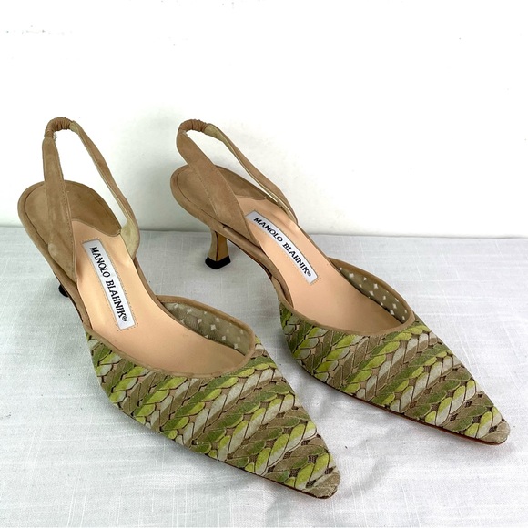 Manolo Blahnik Pointy Suede Pumps Size 39 Made in Italy Multi Shades of Greens - Picture 7 of 7